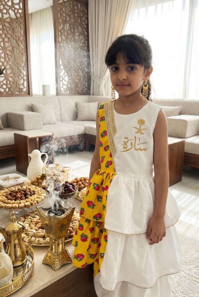 Girls' white and yellow shalky dress with a cheerful and elegant Ramadan design — product image 4