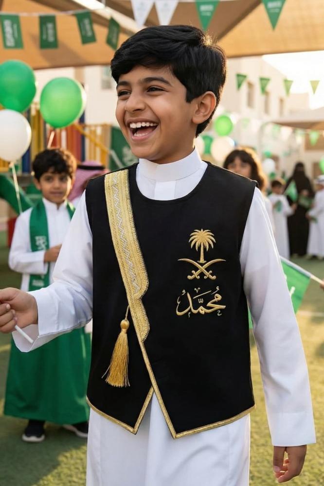 Blank black Sediri Bisht for boys with a luxurious golden zigzag pattern on Founding Day — product image 1