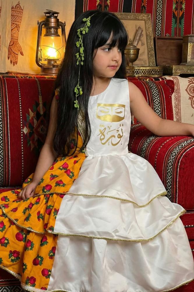 Girls' white and orange shalky dress with an elegant traditional design for Ramadan — product image 3