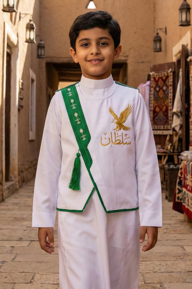 Blank white boys' Sediri bisht with a green frame, two swords and a palm tree pattern, and a green fringe — product image 3