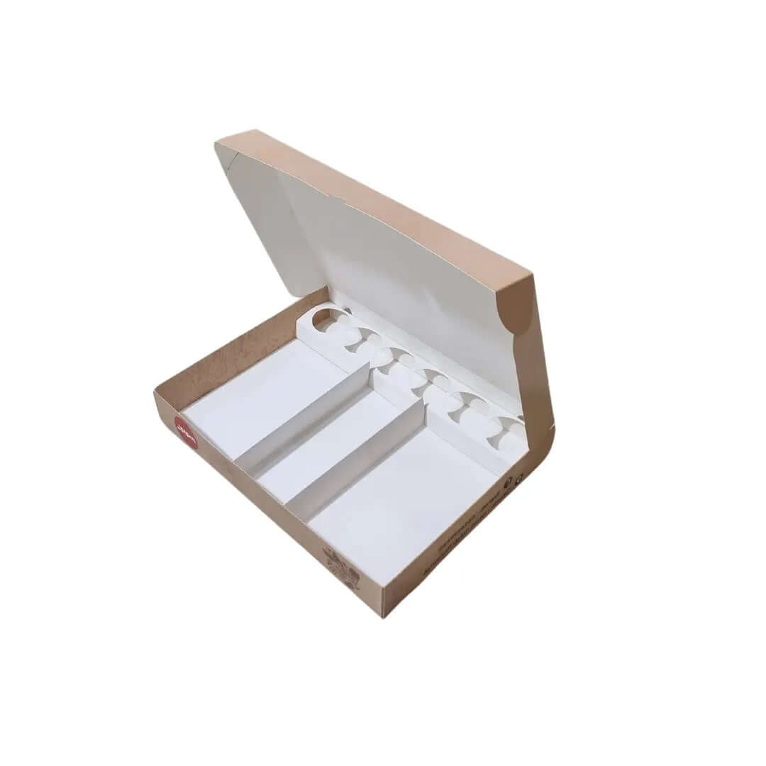 Box with 3 divisions and a sauce divider with 7 slots printed on the customer’s request and design