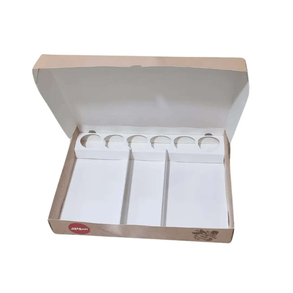 Box with 3 divisions and a sauce divider with 7 slots printed on the customer’s request and design