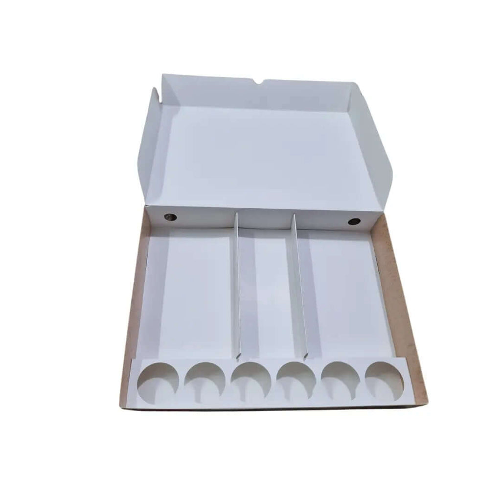 Box with 3 divisions and a sauce divider with 7 slots printed on the customer’s request and design