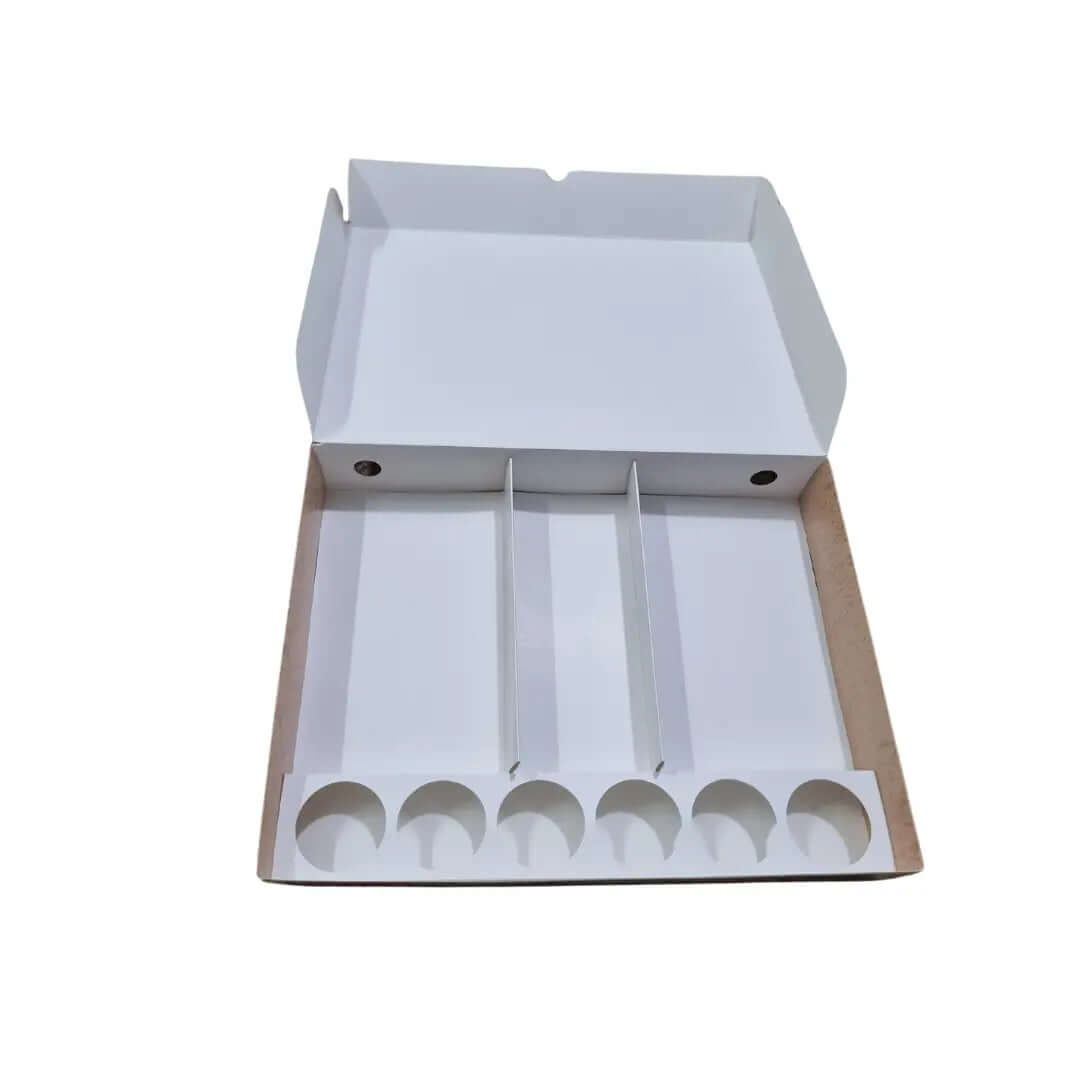 Box with 3 divisions and a sauce divider with 7 slots printed on the customer’s request and design