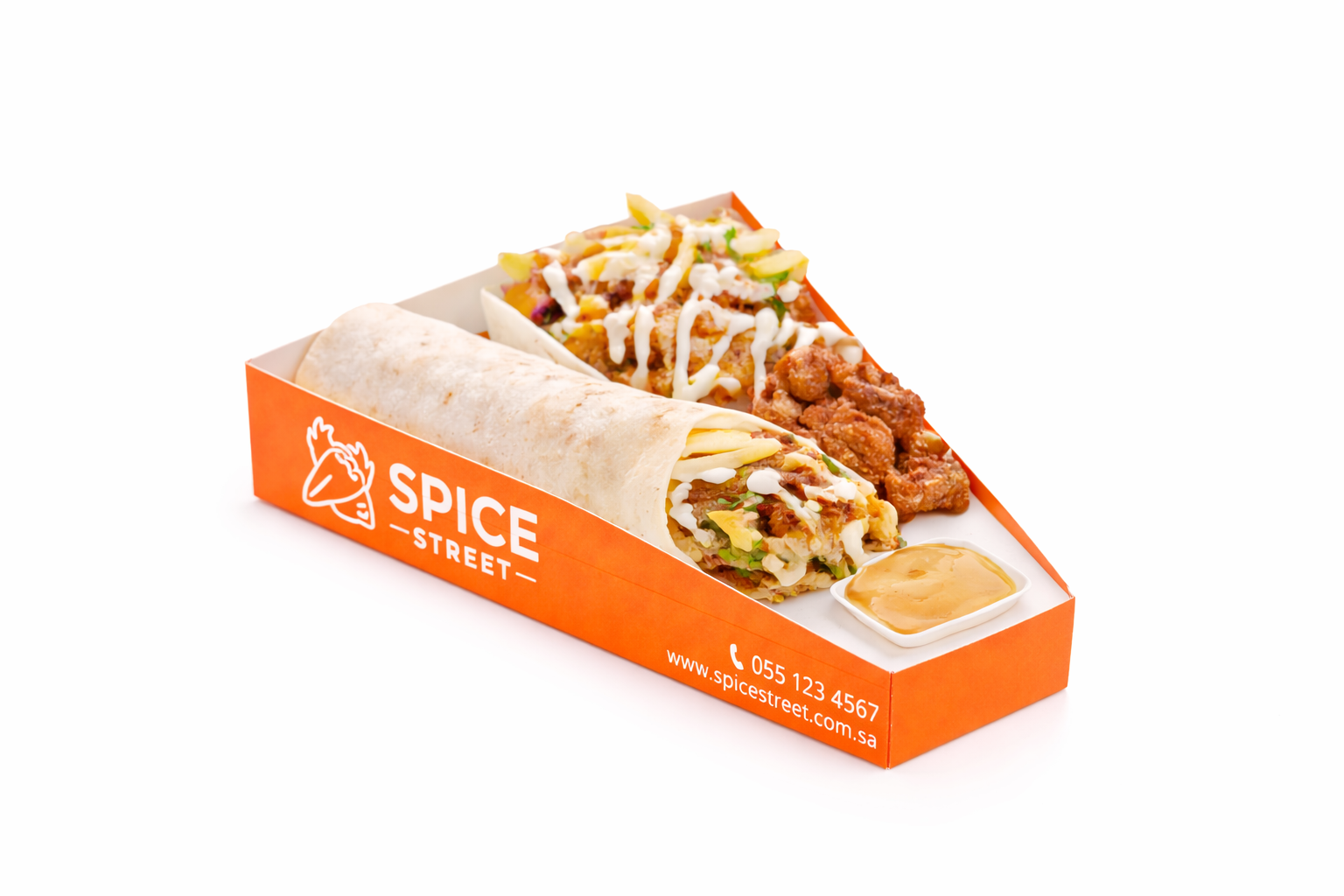 Spice Street food packaging with a burrito and chicken dish on a white background