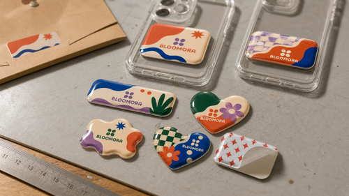 Custom 3D epoxy dome stickers with printed branding and glossy resin finish