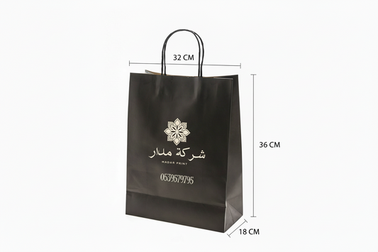 Elegant black shopping bag made from sturdy paper, dimensions 32x18x36 cm, ideal for gifts or retail use.