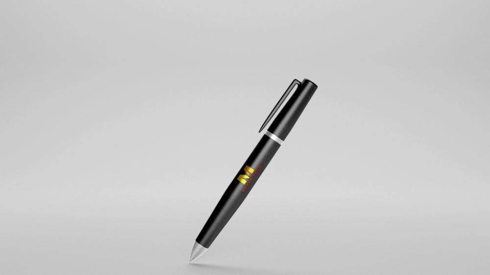 Black retractable pen with silver accents and vibrant logo, ideal for everyday writing tasks.