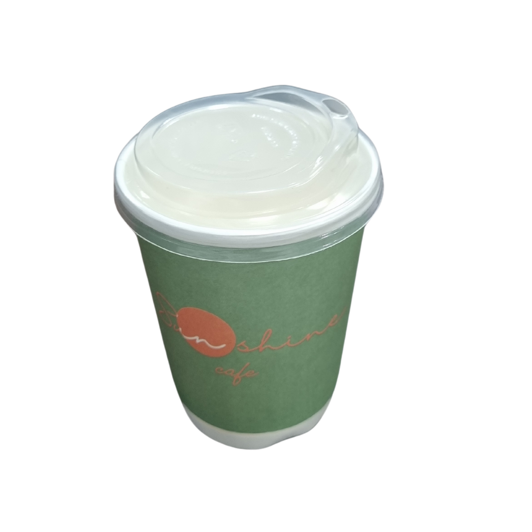 custom printed 12 ounce  paper cup with white black and transparent lid