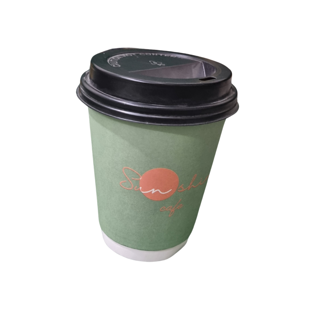 custom printed 12 ounce  paper cup with white black and transparent lid