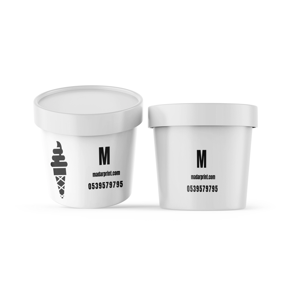Two white ice cream containers with lids, featuring a printed cone design and logo.