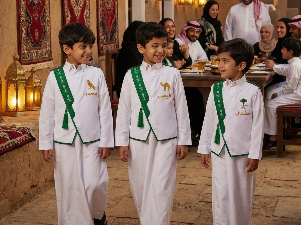 Blank white boys' Sediri bisht with a green frame, two swords and a palm tree pattern, and a green fringe — product image 4