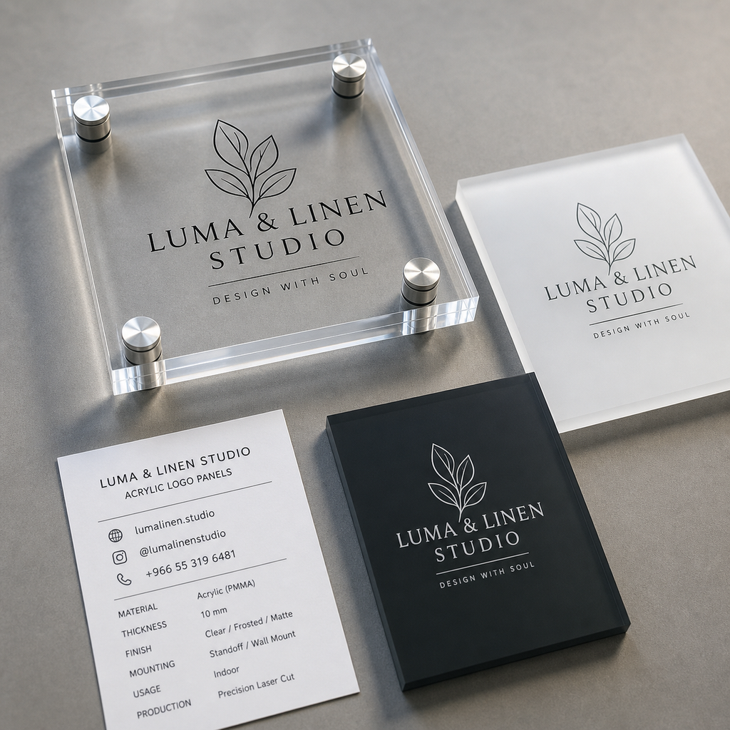 Luma & Linen Studio custom acrylic logo panel material options