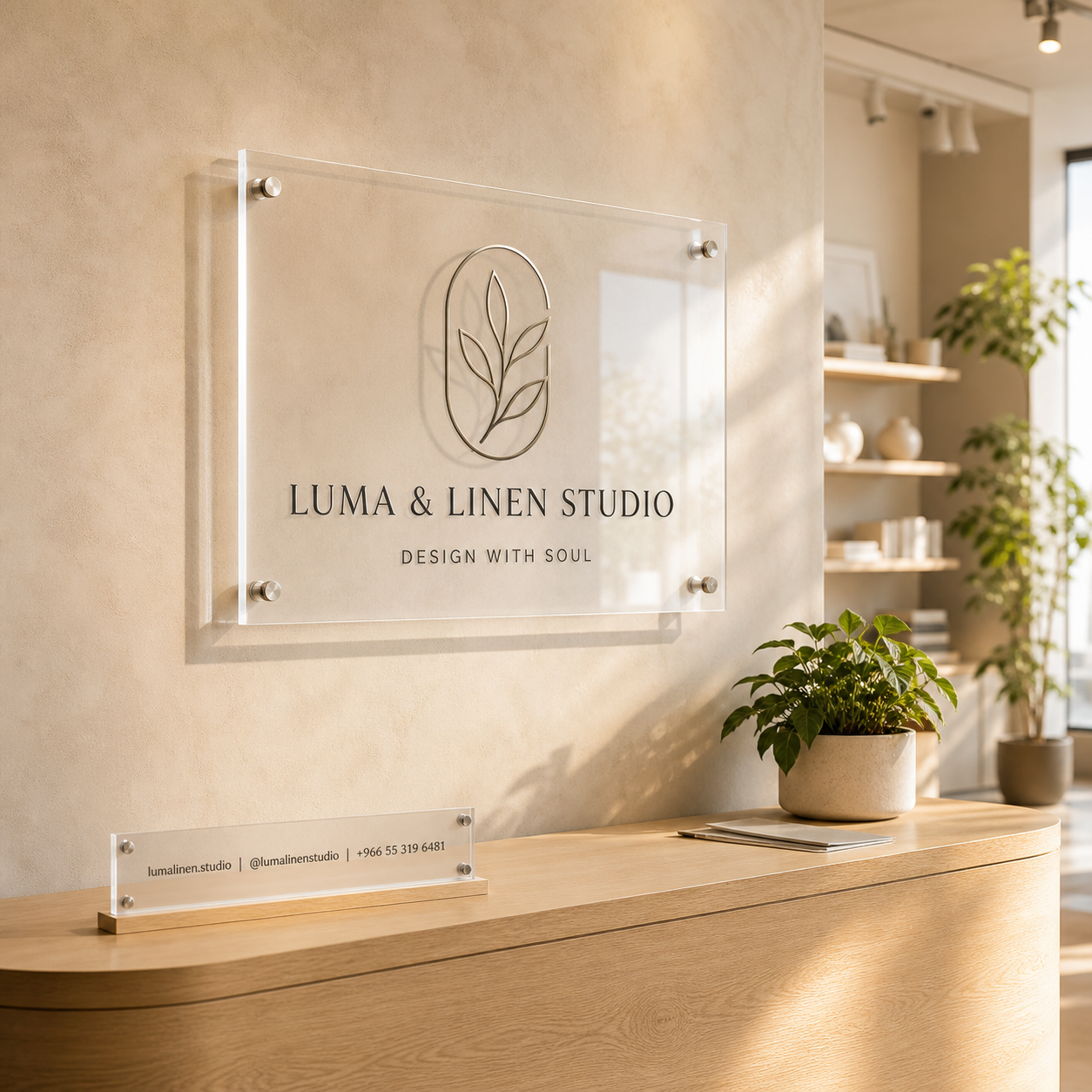 Luma & Linen Studio custom acrylic wall logo panel in reception