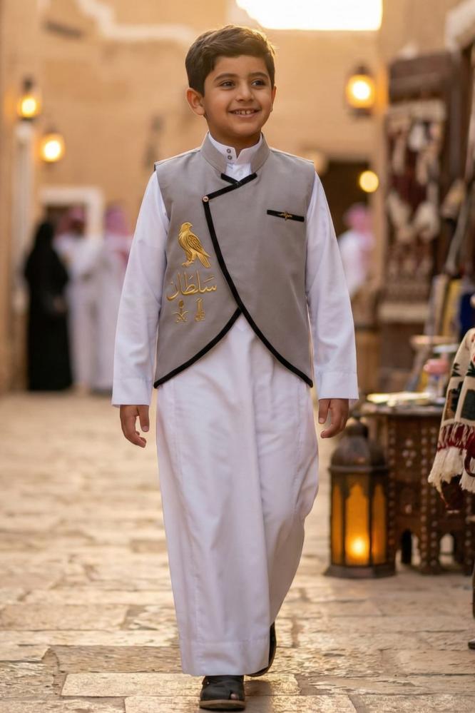 A plain gray blazer for boys with a Saudi stand-up collar and a curved cut, with a golden pulse brooch — product image 2