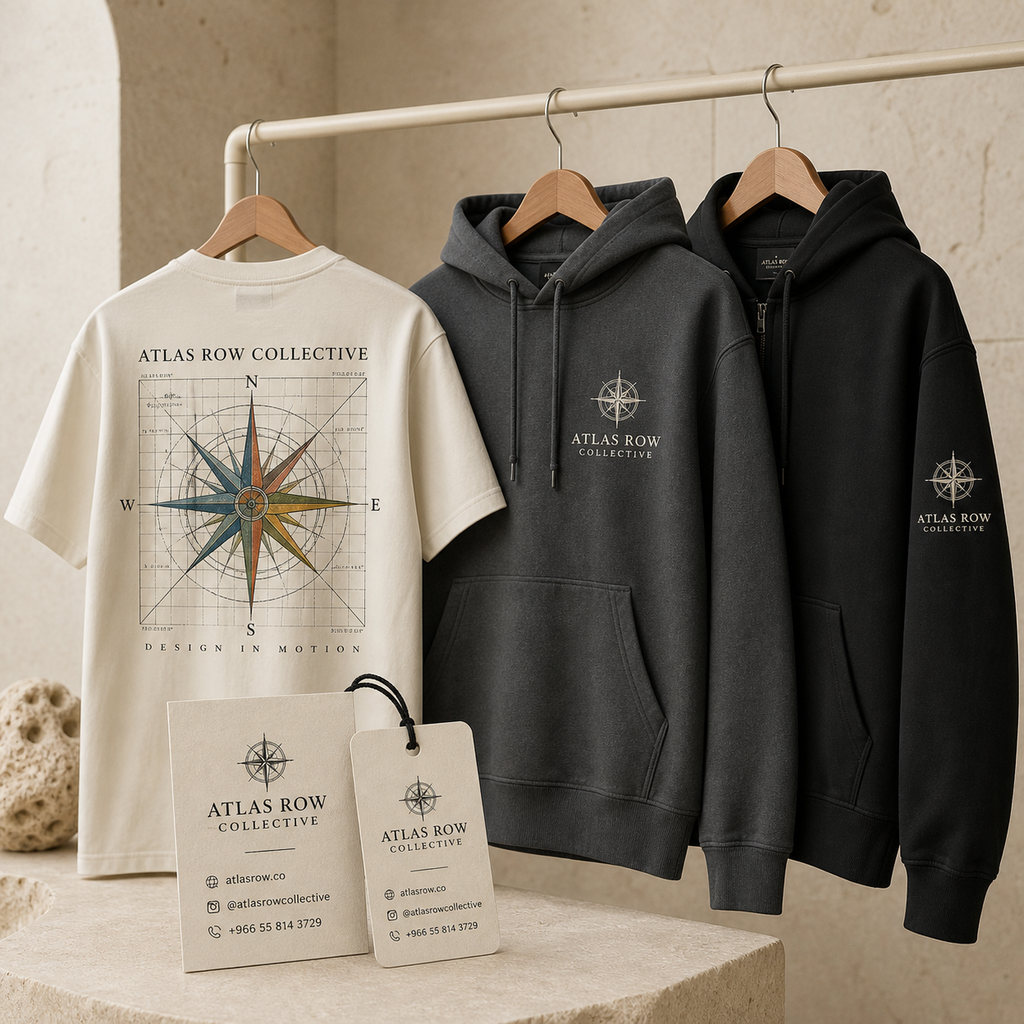 Atlas Row Collective custom DTF T-shirt and embroidered hoodie collection