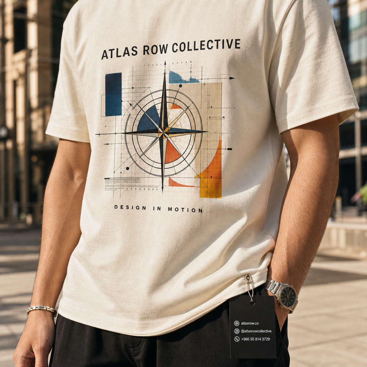 Atlas Row Collective custom DTF printed T-shirt in urban setting