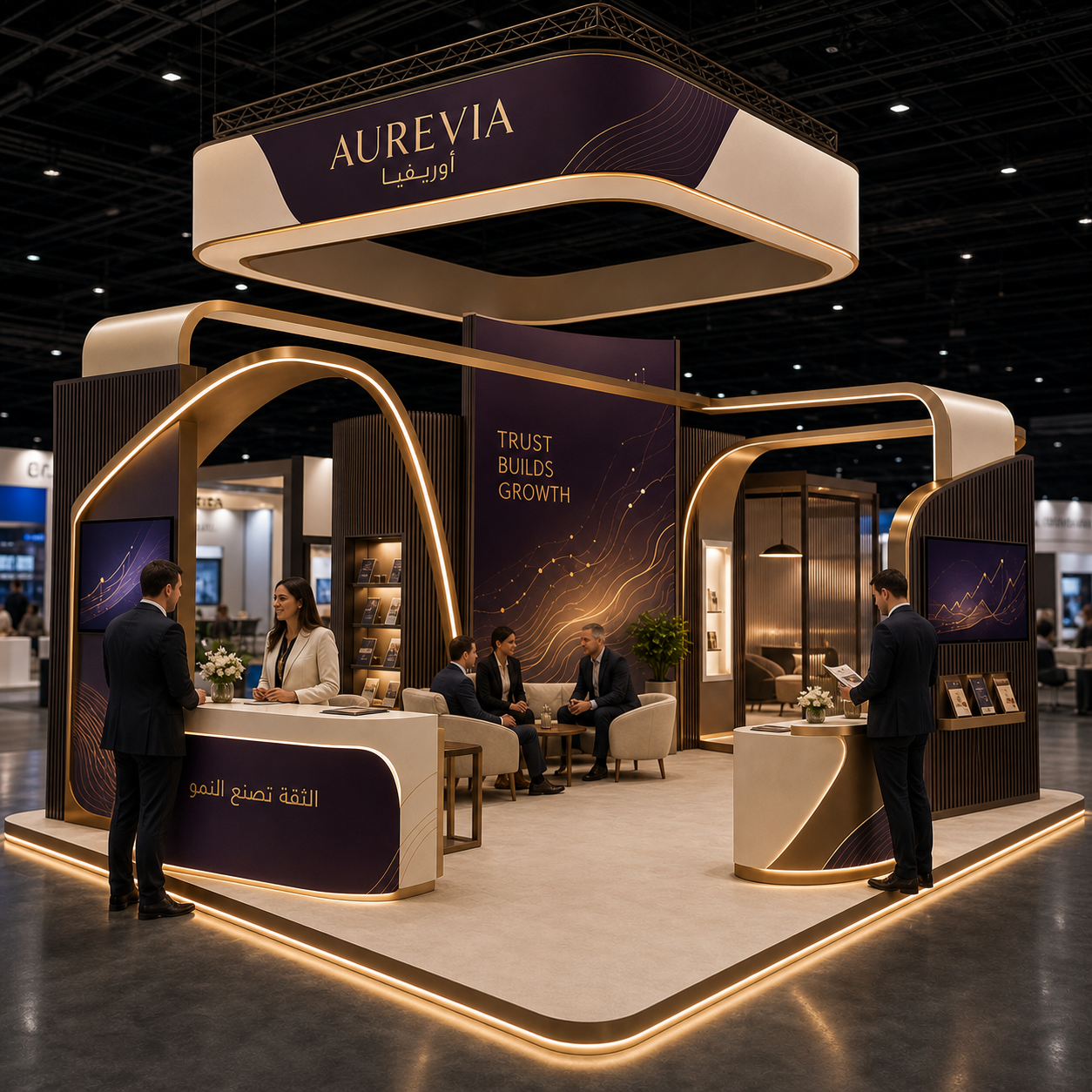 AUREVIA 6×6 corporate exhibition island in use during a trade show