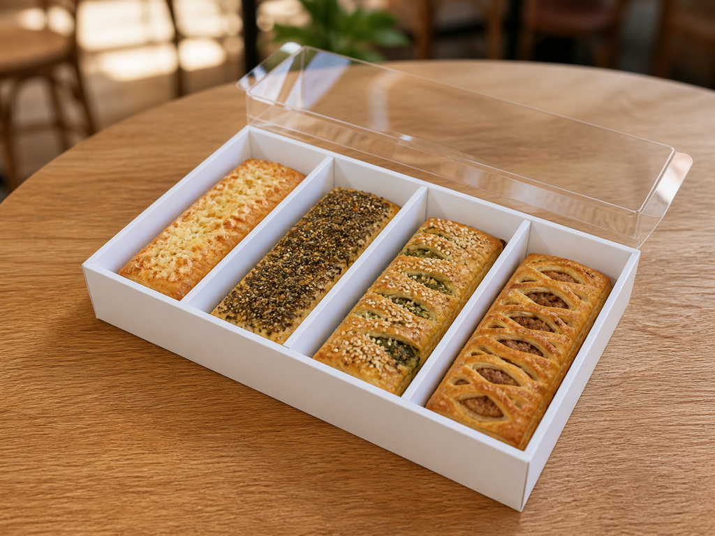 Open four-compartment bakery pie box filled with assorted savory pastries