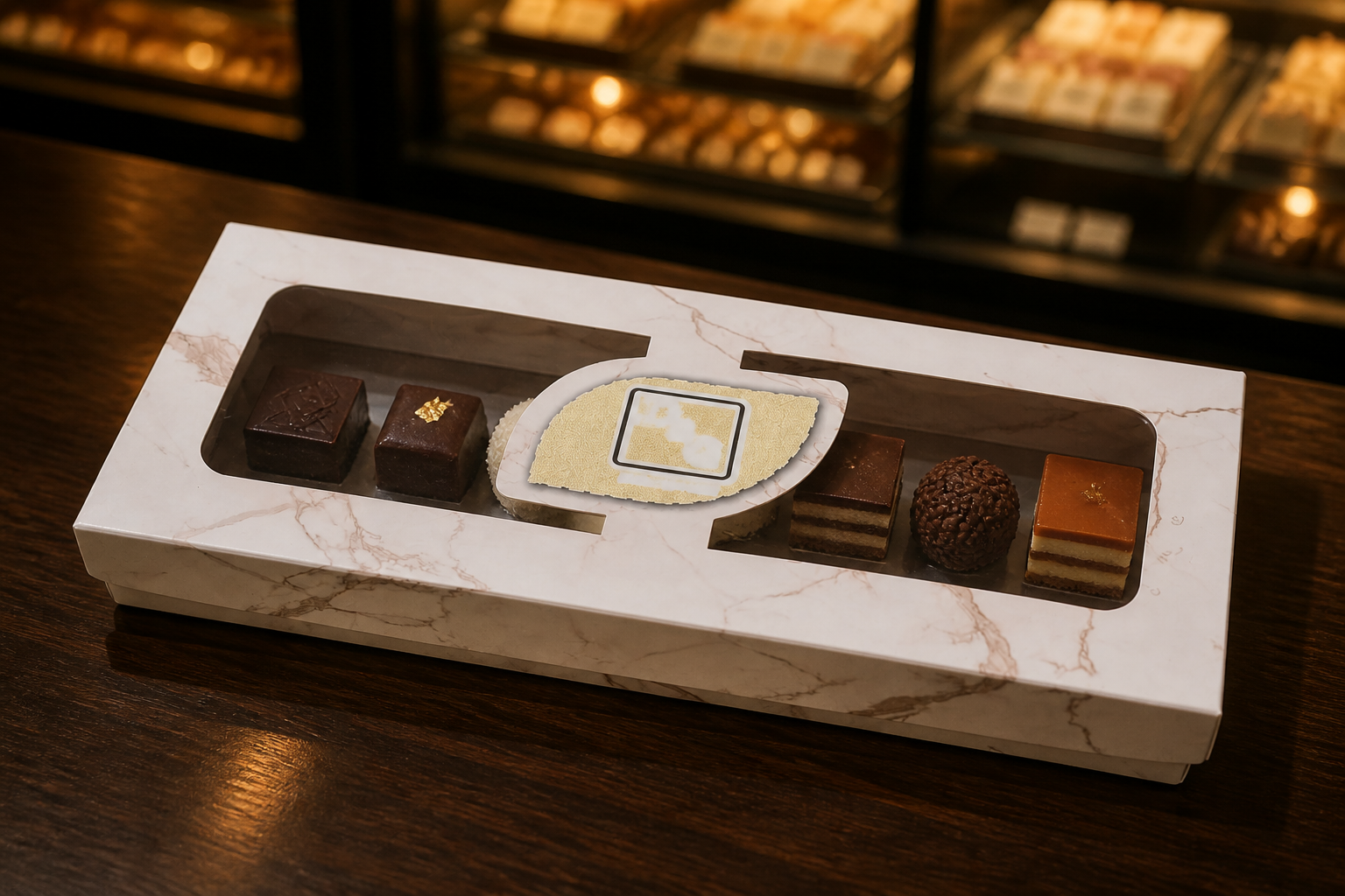 Marble printed clear-window bakery sweets box filled with assorted petit fours