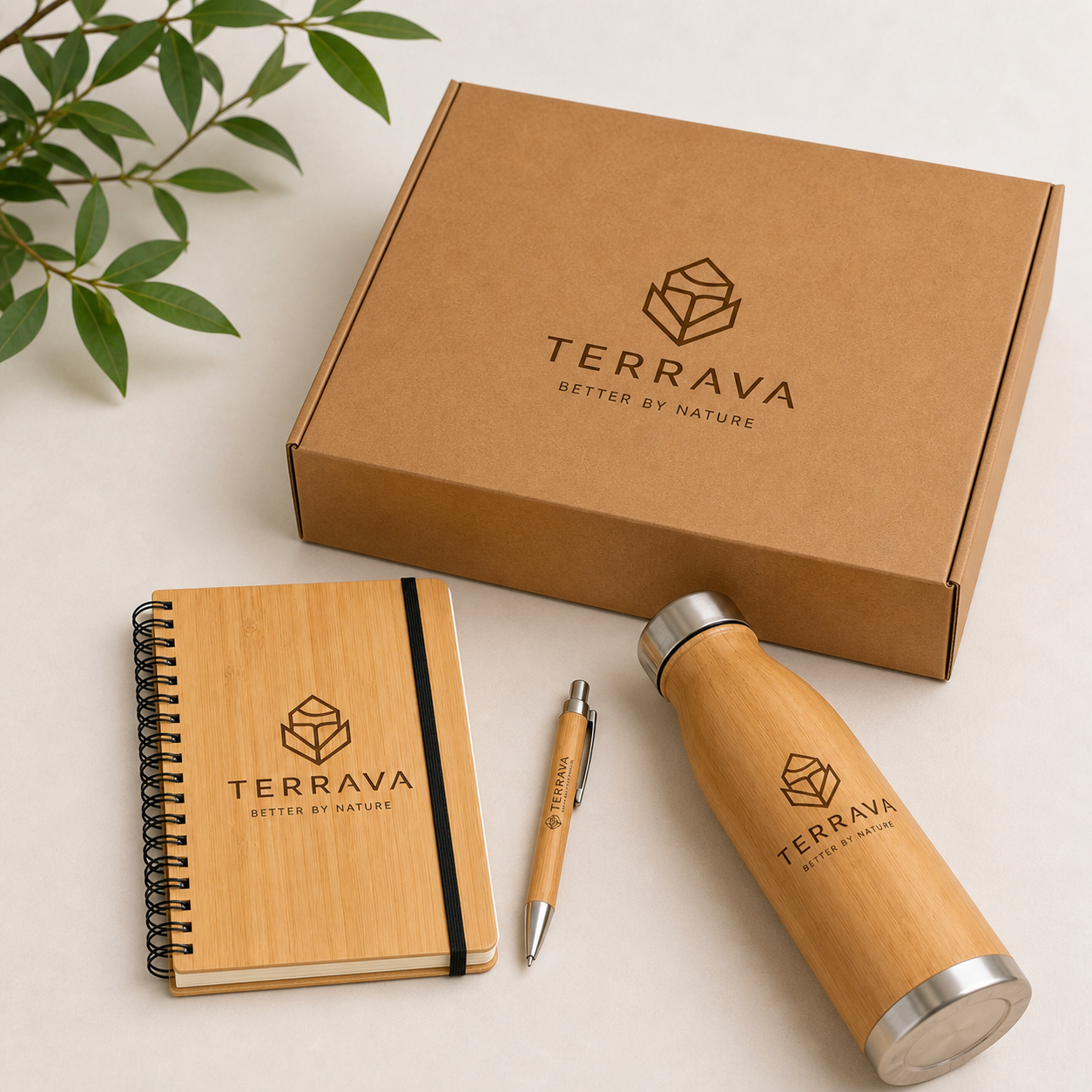 Bamboo corporate gift set with the branded kraft presentation box closed