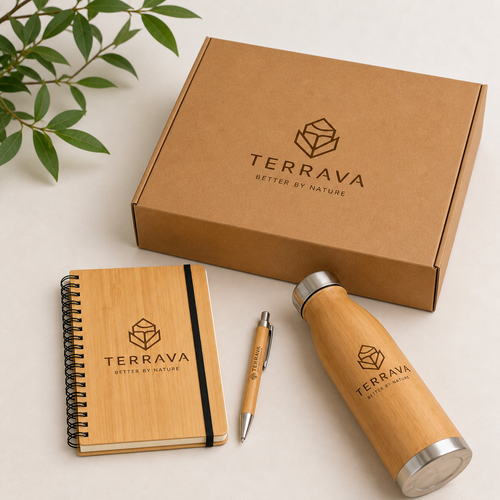 Bamboo corporate gift set with the branded kraft presentation box closed