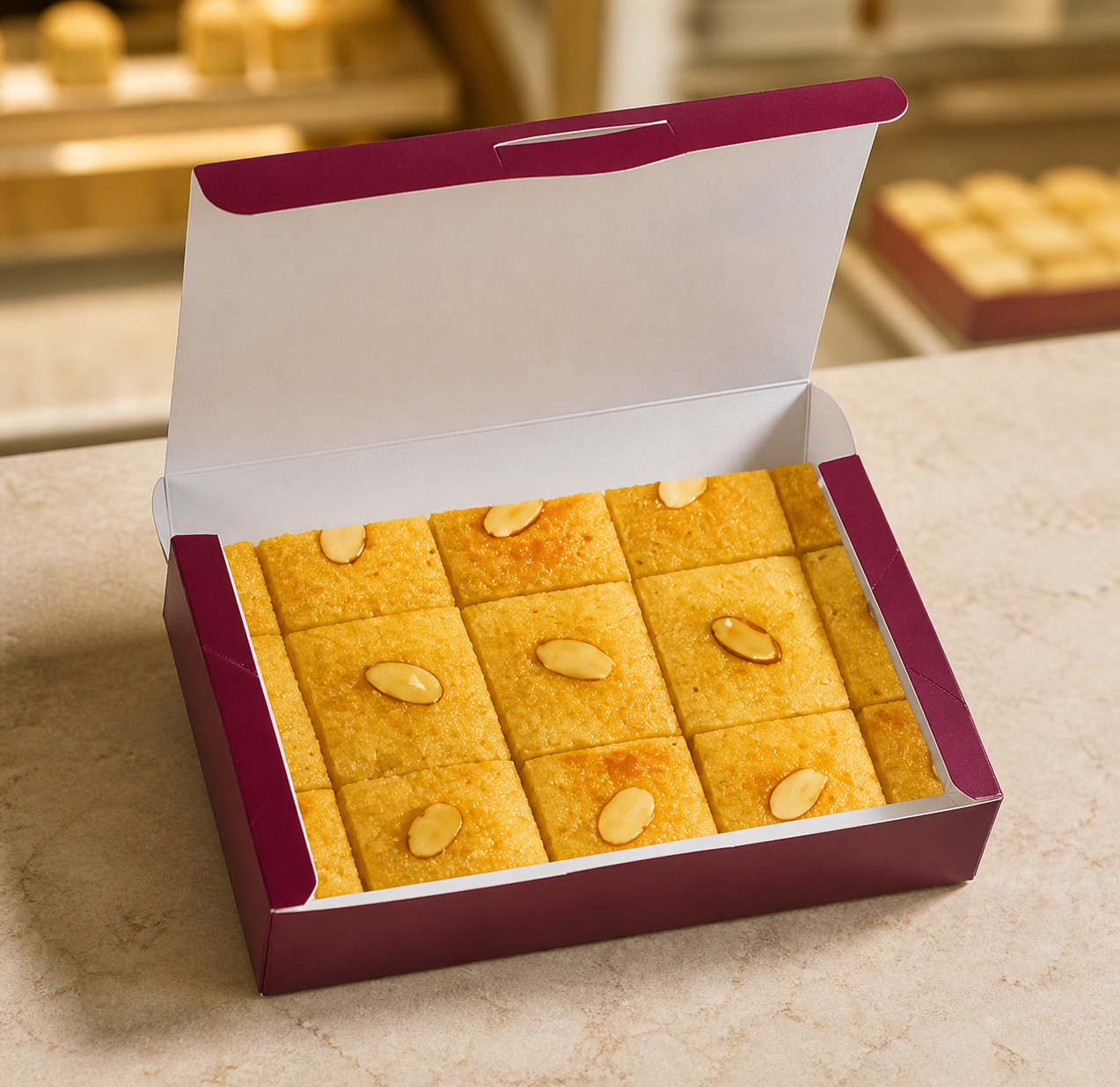 Open burgundy custom printed box filled with golden basbousa squares