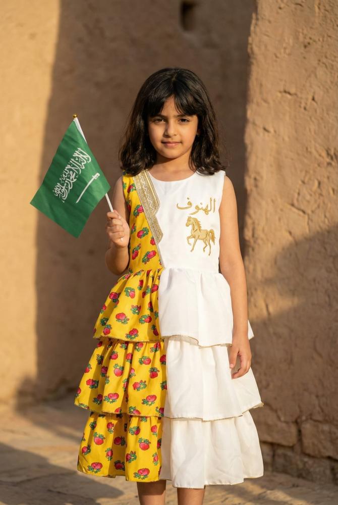Girls' white and yellow shalky dress with a cheerful and elegant Ramadan design — product image 3