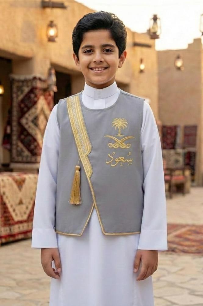 Blank gray boys' Sediri bisht, golden and silver zigzag pattern, luxurious Ramadan — product image 1