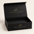 Black magnetic flip-top gift box with the English design “Make It Memorable” and “A Gift With Meaning”