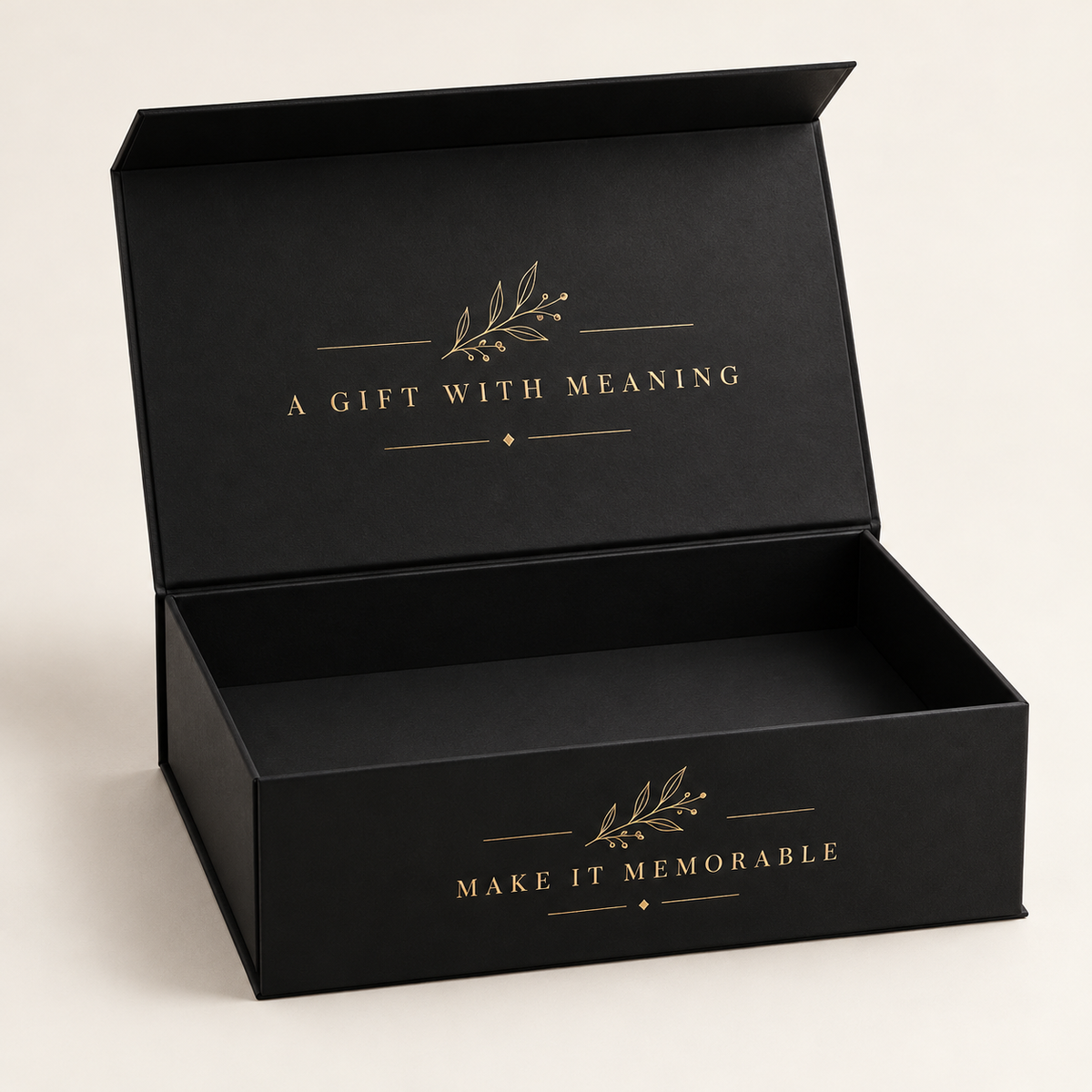 Black magnetic flip-top gift box with the English design “Make It Memorable” and “A Gift With Meaning”