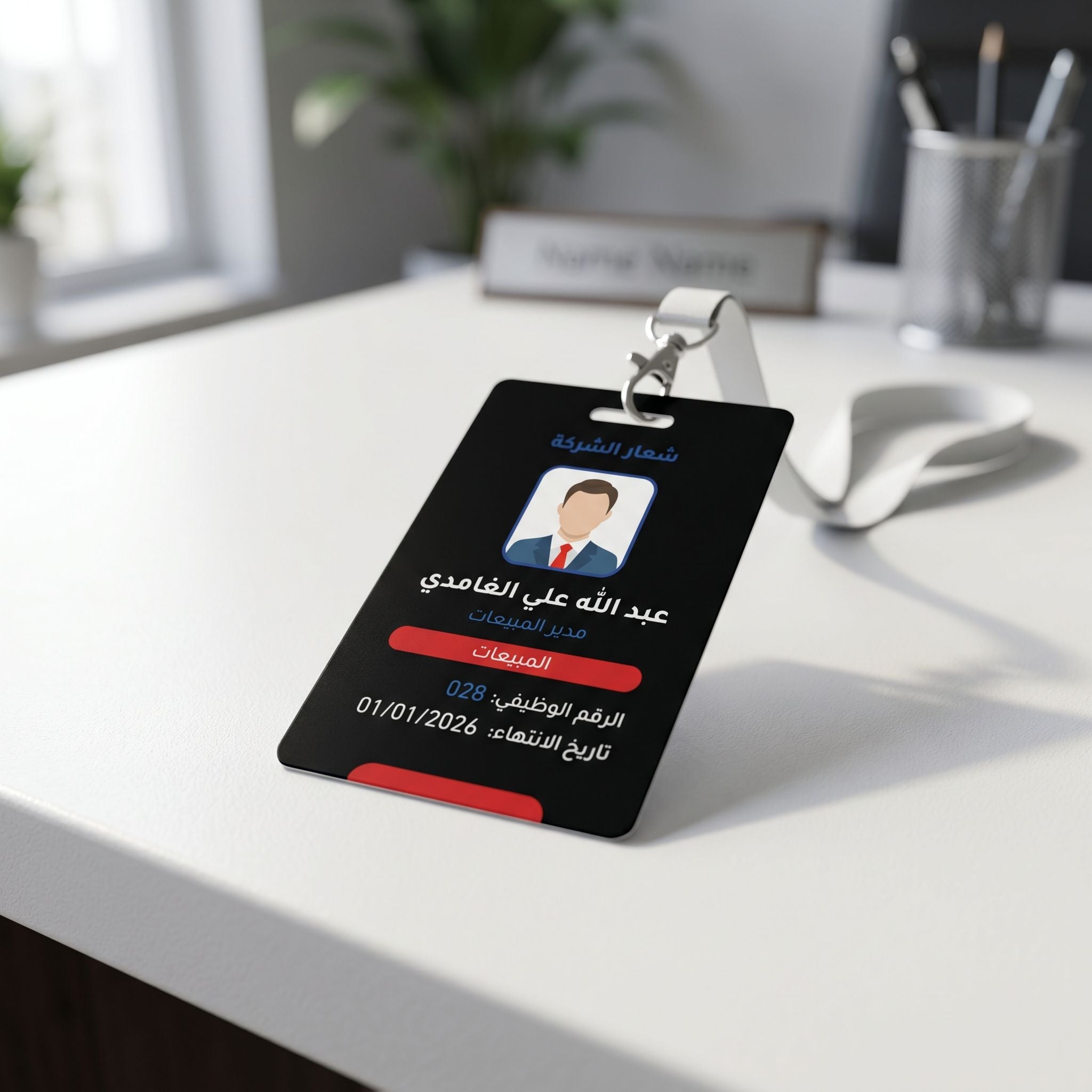 Black minimal design ID card placed on a white surface with soft lighting highlighting its sleek finish and sharp edges.
