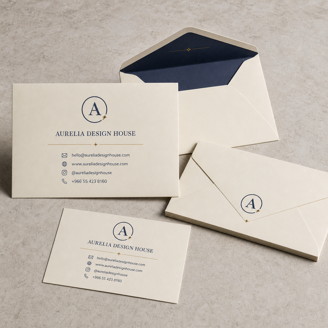 Custom branded Aurelia Design House envelope catalogue arrangement