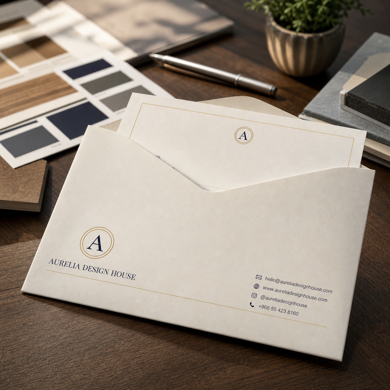 Custom branded Aurelia Design House envelope in a premium office setting