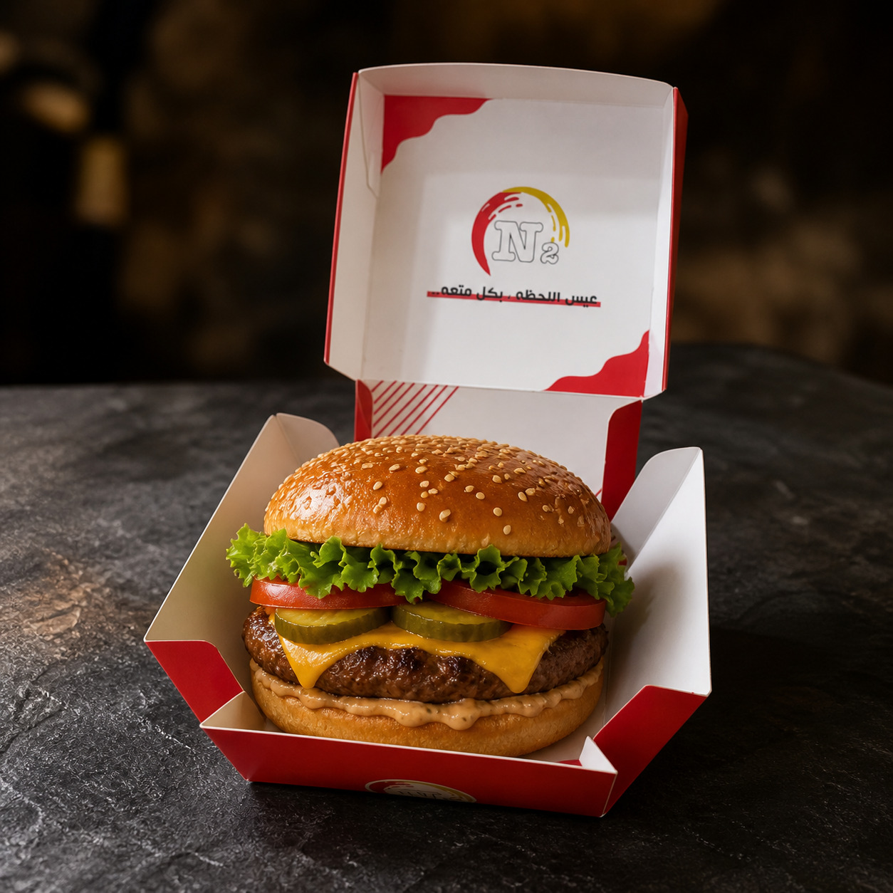 Open red and white 14 cm custom printed burger box holding a cheeseburger