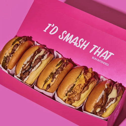 Box of 2 sliders with fries and sauce. Box of 5 sliders with logo printing