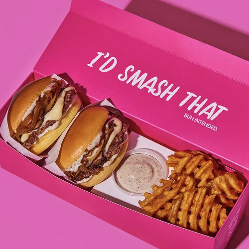 Box of 2 sliders with fries and sauce. Box of 5 sliders with logo printing