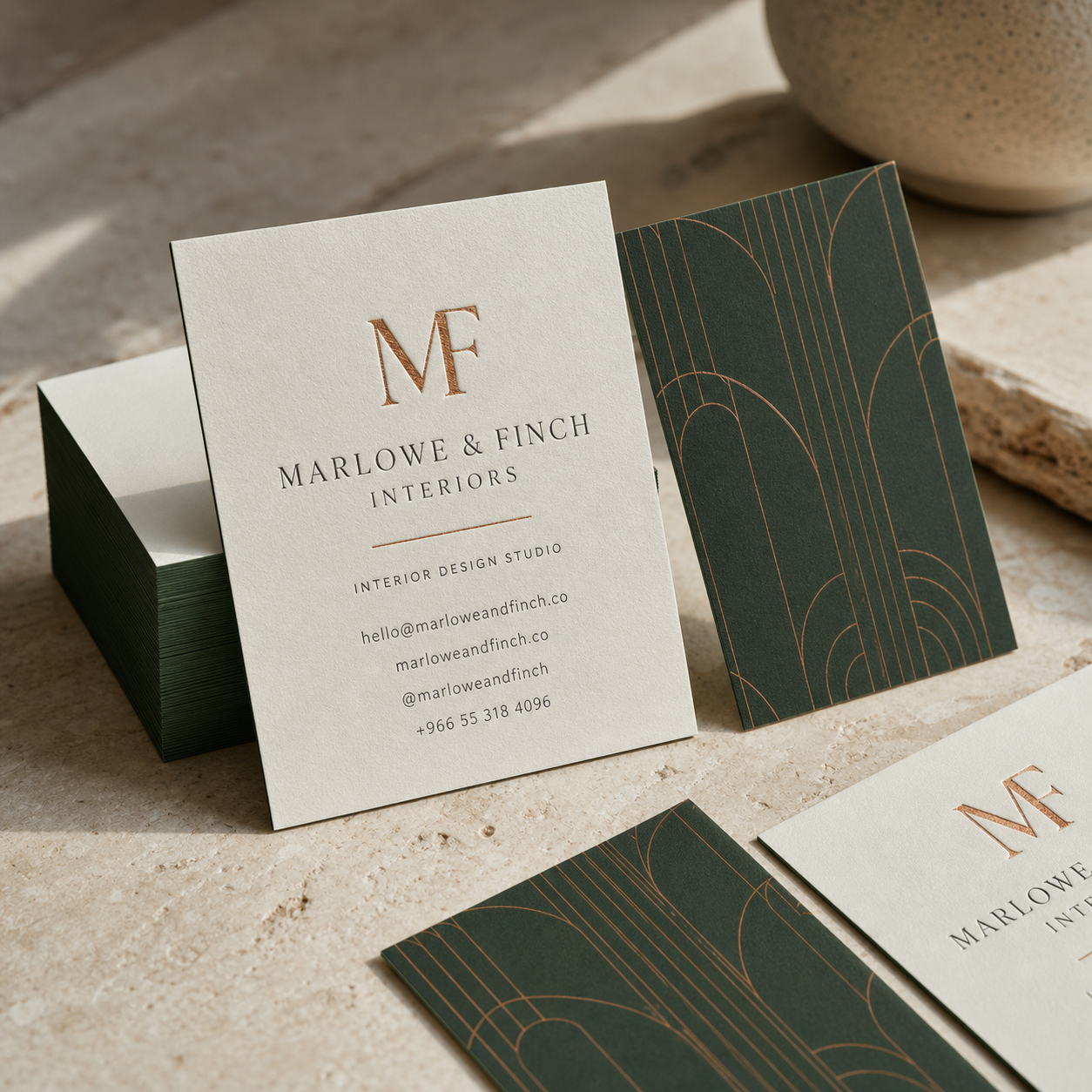Premium Marlowe and Finch business cards with printed front and back