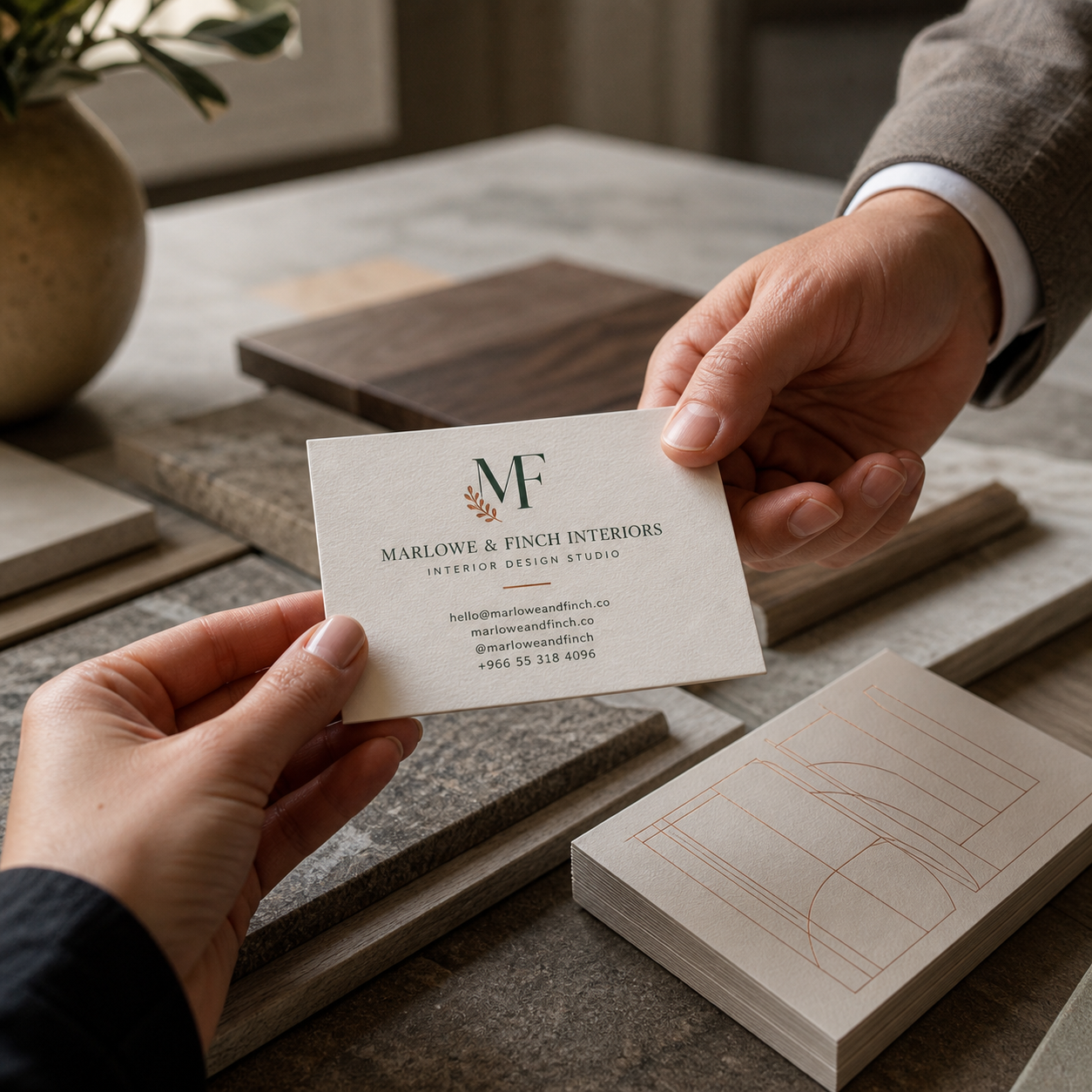 Premium Marlowe and Finch custom business cards in a client meeting