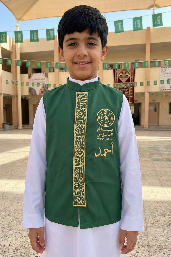 Blank olive green boys' Sediri with a Saudi standing collar and longitudinal embroidery in golden Arabic script — product image 2