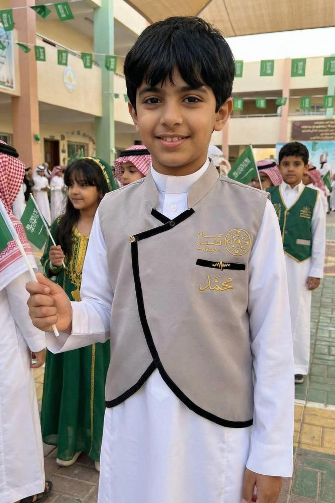 A plain gray blazer for boys with a Saudi stand-up collar and a curved cut, with a golden pulse brooch — product image 1