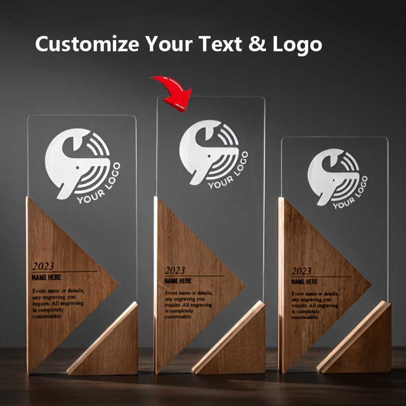 Custom Acrylic Trophy with Trendy Wooden Base - Award with Logo And Text, | Promotional Corporate – image 1