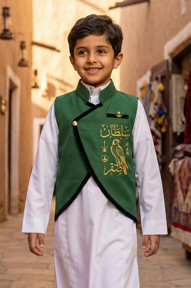 A plain green boys' blazer with a Saudi standing collar and a curved cut, with a brooch of two swords and a palm tree — product image 3