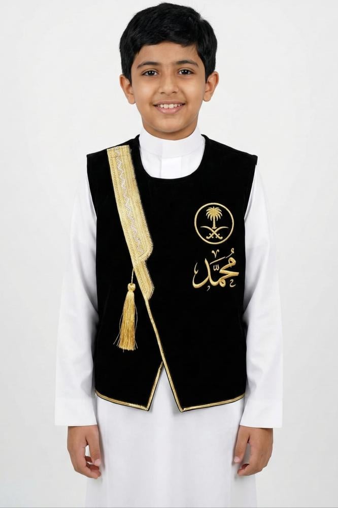 Blank black Sediri Bisht for boys with a luxurious golden zigzag pattern on Founding Day — product image 2