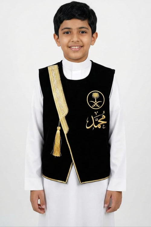 Blank black Sediri Bisht for boys with a luxurious golden zigzag pattern on Founding Day — product image 2