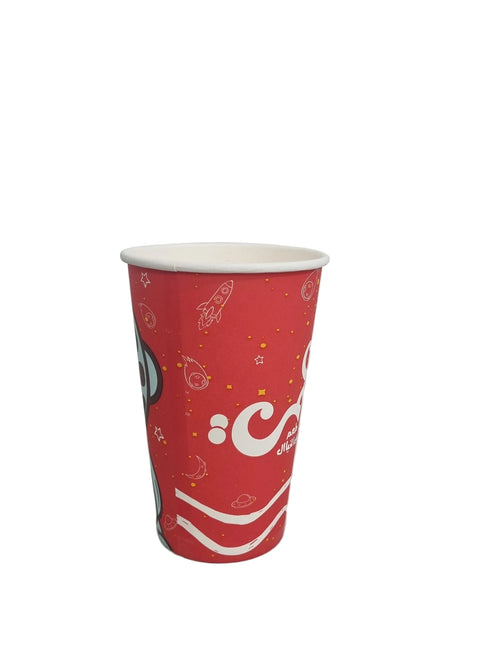 Red paper cup with white text and design on a light gray surface