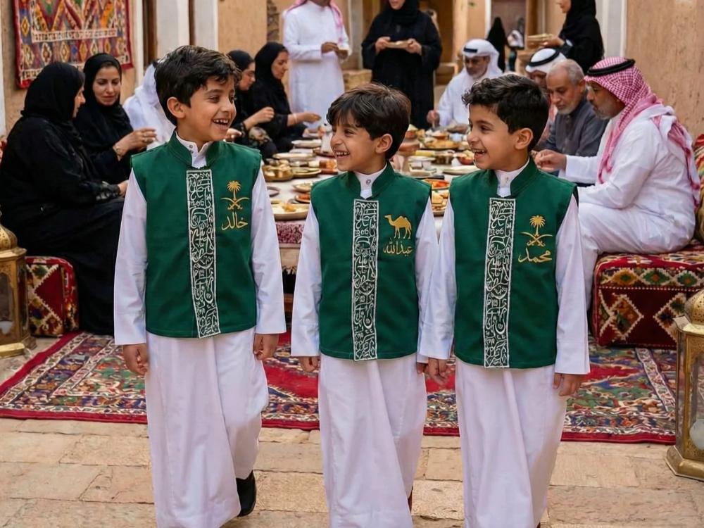Blank olive green boys' vest with a Saudi standing collar and longitudinal silver Arabic line embroidery — product image 4