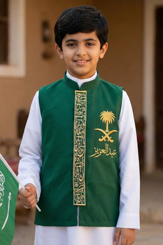 Blank olive green boys' Sediri with a Saudi standing collar and longitudinal embroidery in golden Arabic script — product image 3