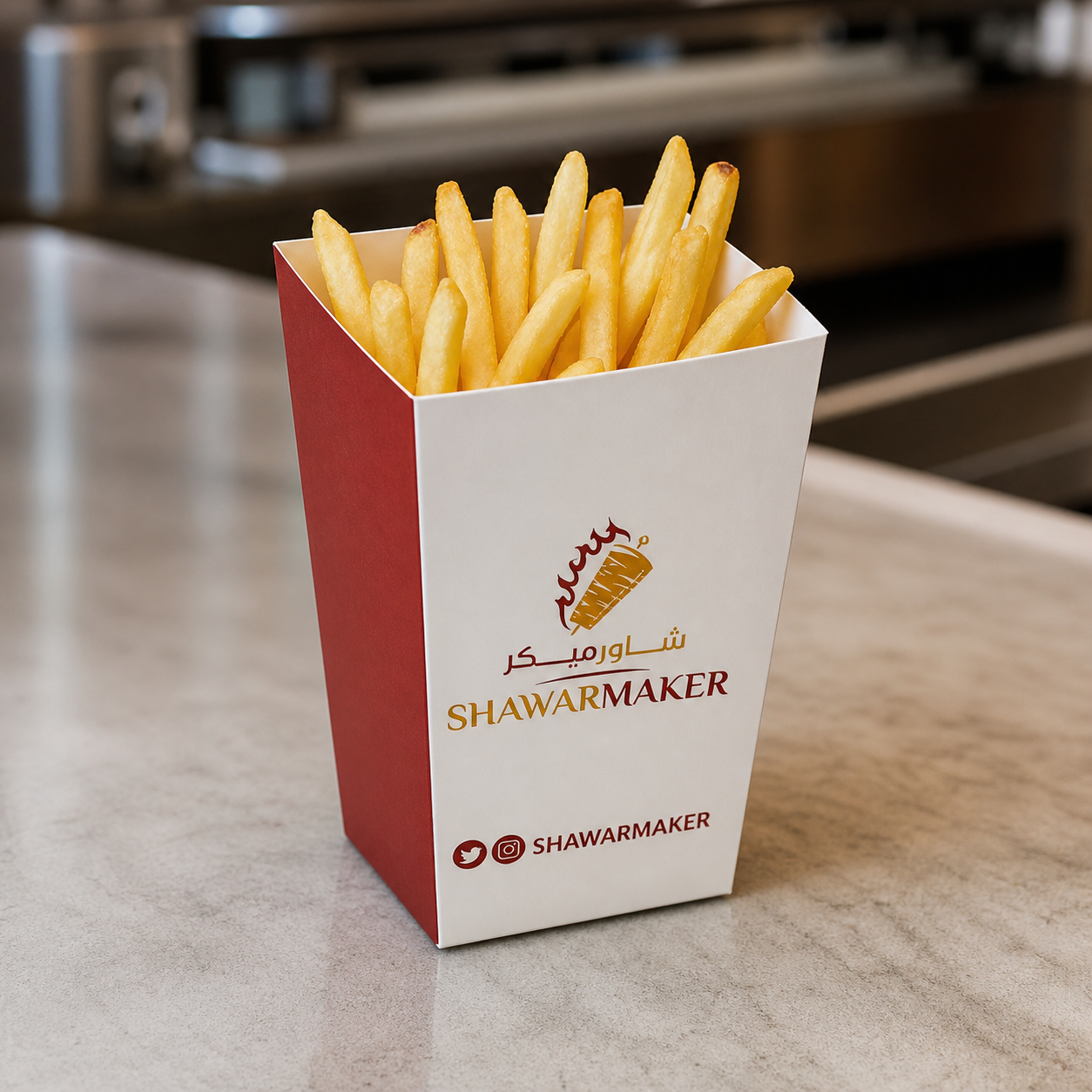 Custom printed chips box filled with golden fries in a restaurant setting