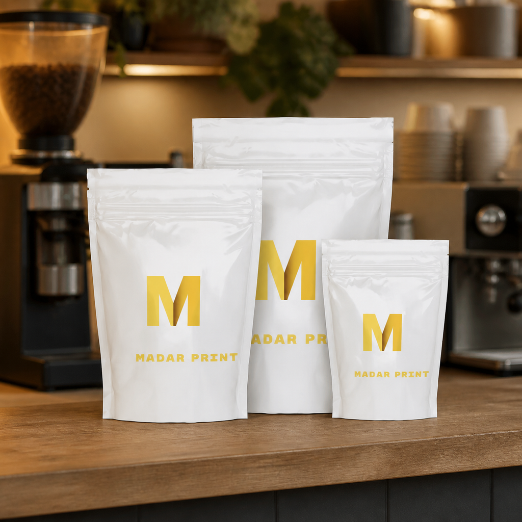Three sizes of printed coffee pouches displayed together on a specialty café counter